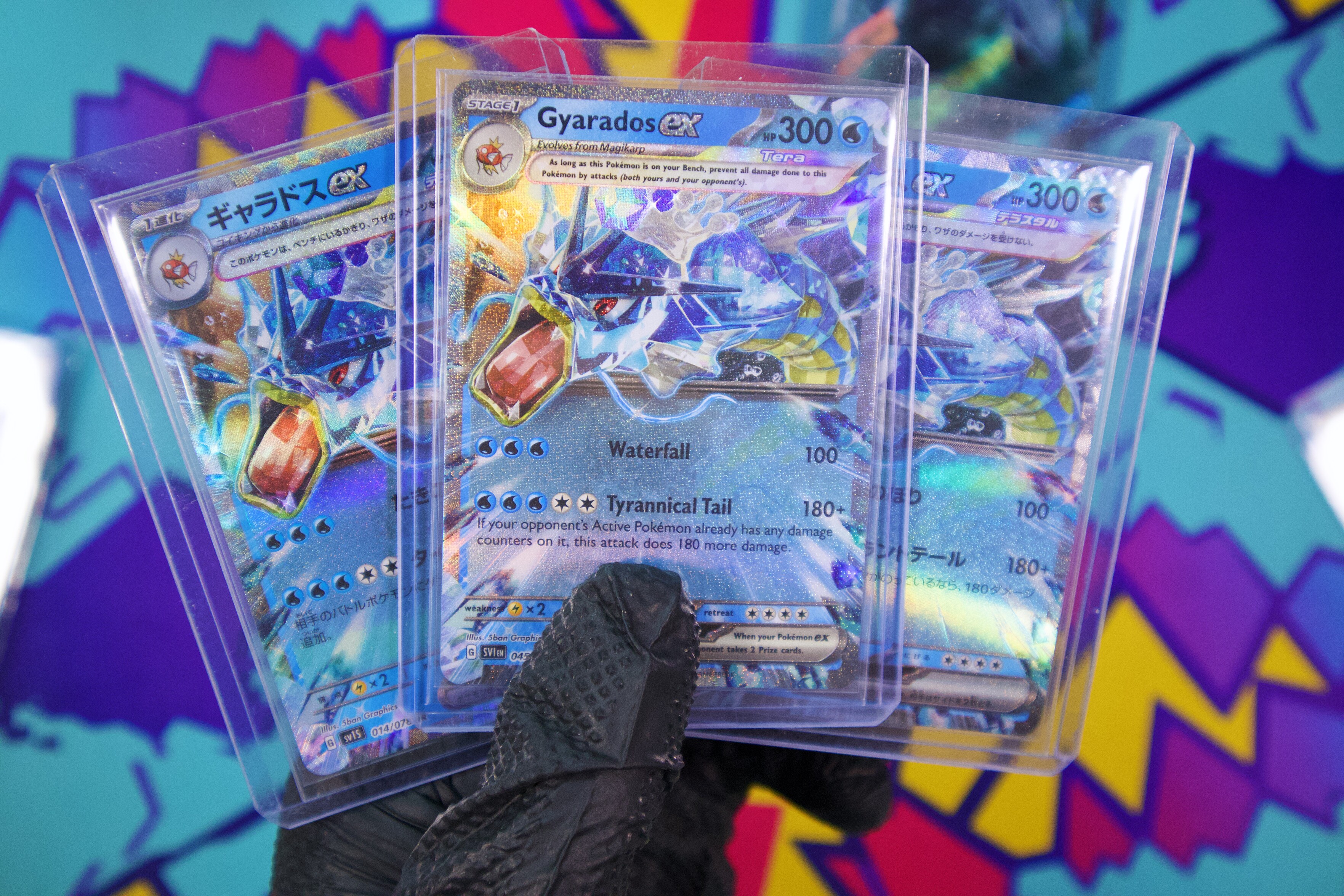3 Gyarados ex cards from the Pokémon Scarlet & Violet Base Set. Double sleeved and toploaded.