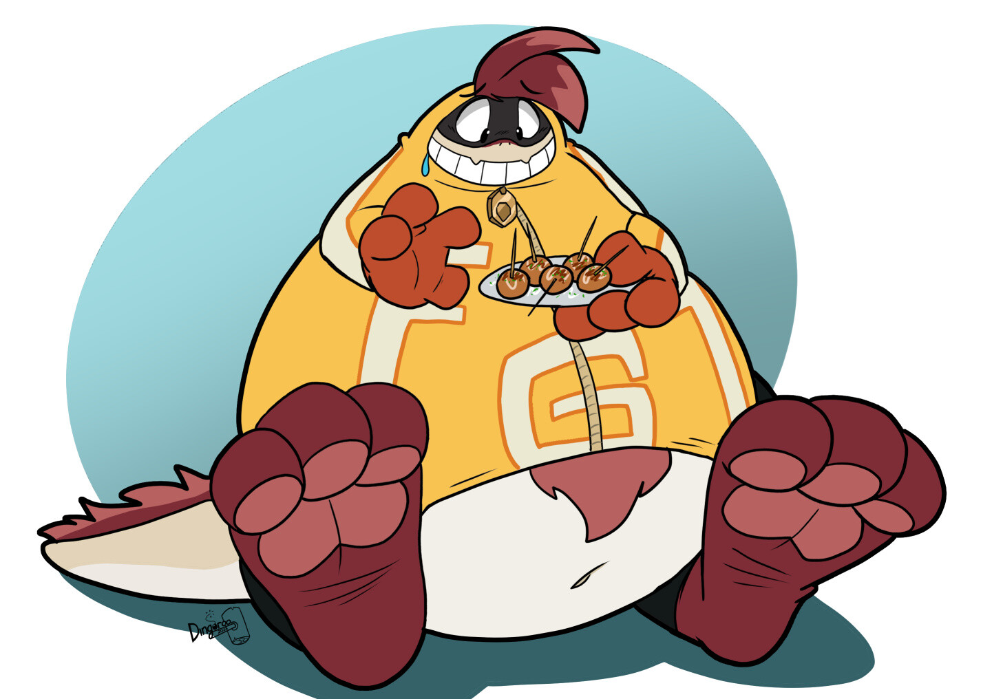 Levi the dragon, cosplaying as FatGum from My Hero Academia. He's salivating at a delicious plate of takoyaki. He's also very round.