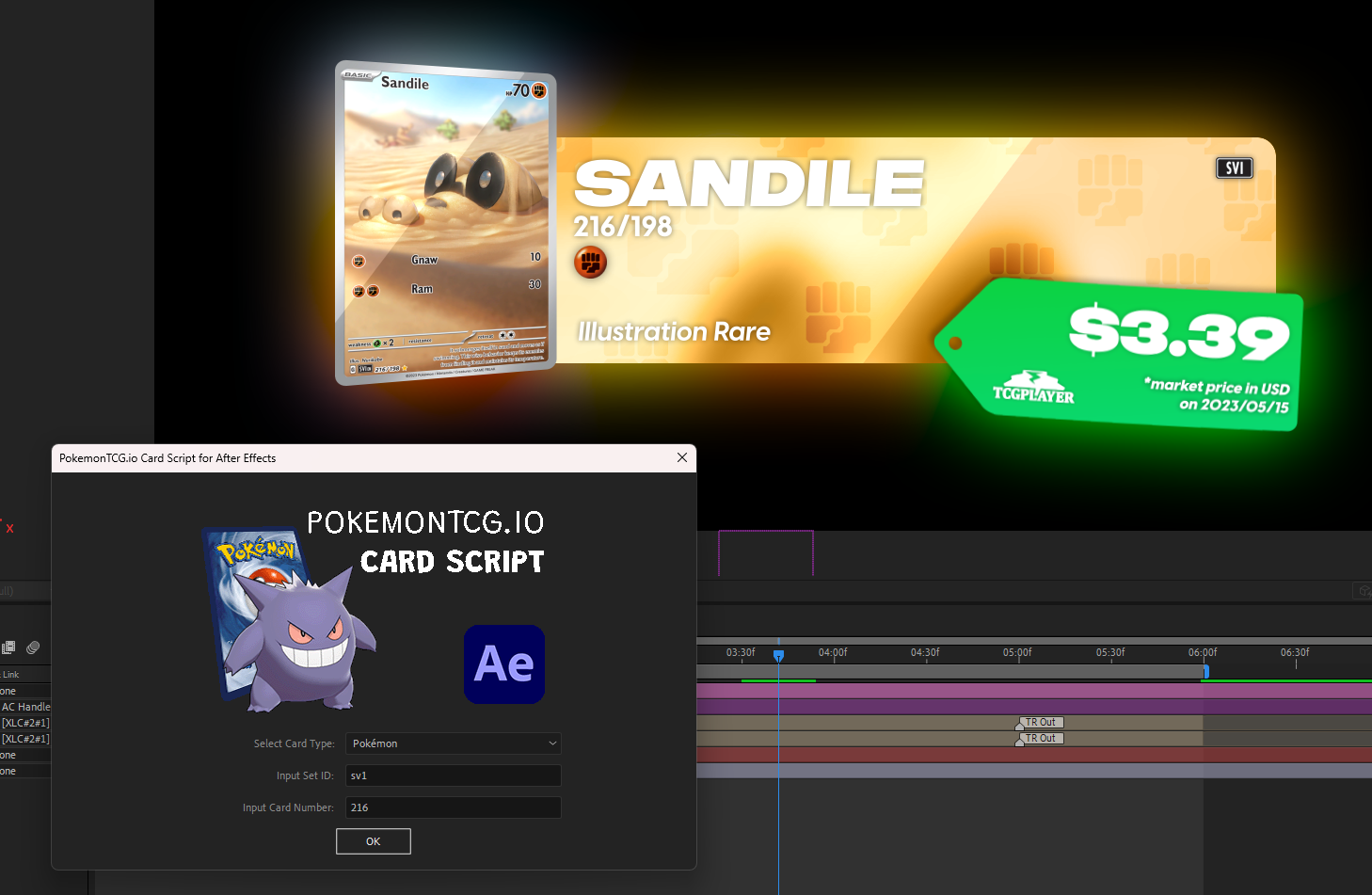 Screenshot of an After Effects project + script.  This creates lower thirds based on API data from pokemontcg.io (Pokémon Card API). I tell the script which card I want to fetch through a prompt and it modifies layers, images and text in the project using that data.

The example here has created a lower third for an Illustration Rare of Sandile from the Scarlet & Violet base set.