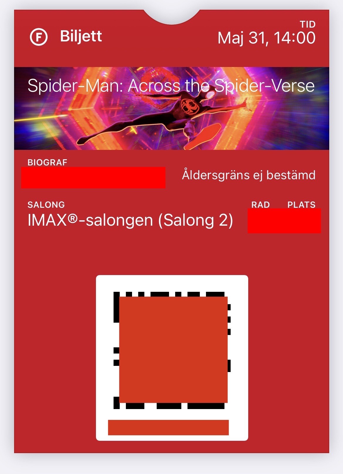 Screenshot of an Apple Wallet ticket for Spider-Man: Across the Spider-Verse (with any compromising information obscured). The text on the ticket is in Swedish.